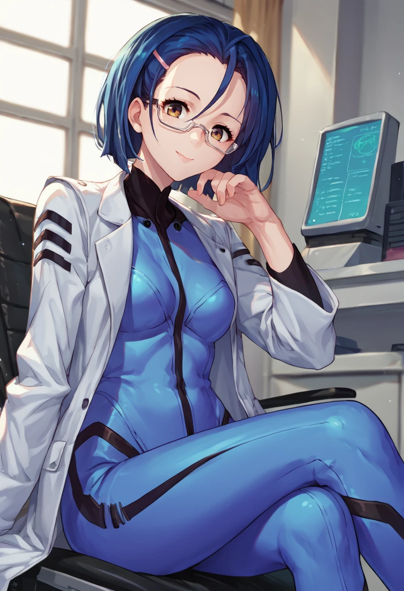 score_9, score_8_up, score_7_up, source_anime, solo, 1girl, niimi kaoru, light smile, looking at viewer, sitting, swivel chair, hairclip, glasses, white coat, lab coat, blue bodysuit, indoors <lora:spacebattleship_niimi_ponyXL:1>