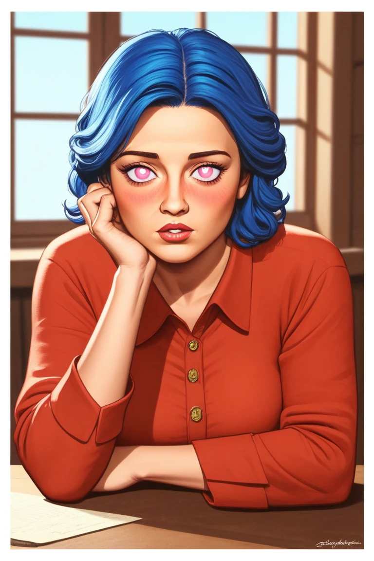 score_9, score_8, score_7, score_6, emanuele_taglietti_style,
1girl, blue hair, blush, border, bright pupils, collared shirt, day, emily (stardew valley), head rest, highres, indoors, lips, looking at viewer, louis lloyd-judson, medium hair, parted lips, pink eyes, portrait, red shirt, shirt, solo, stardew valley, white border, white pupils, window<lora:EMS-441358-EMS:1.000000>