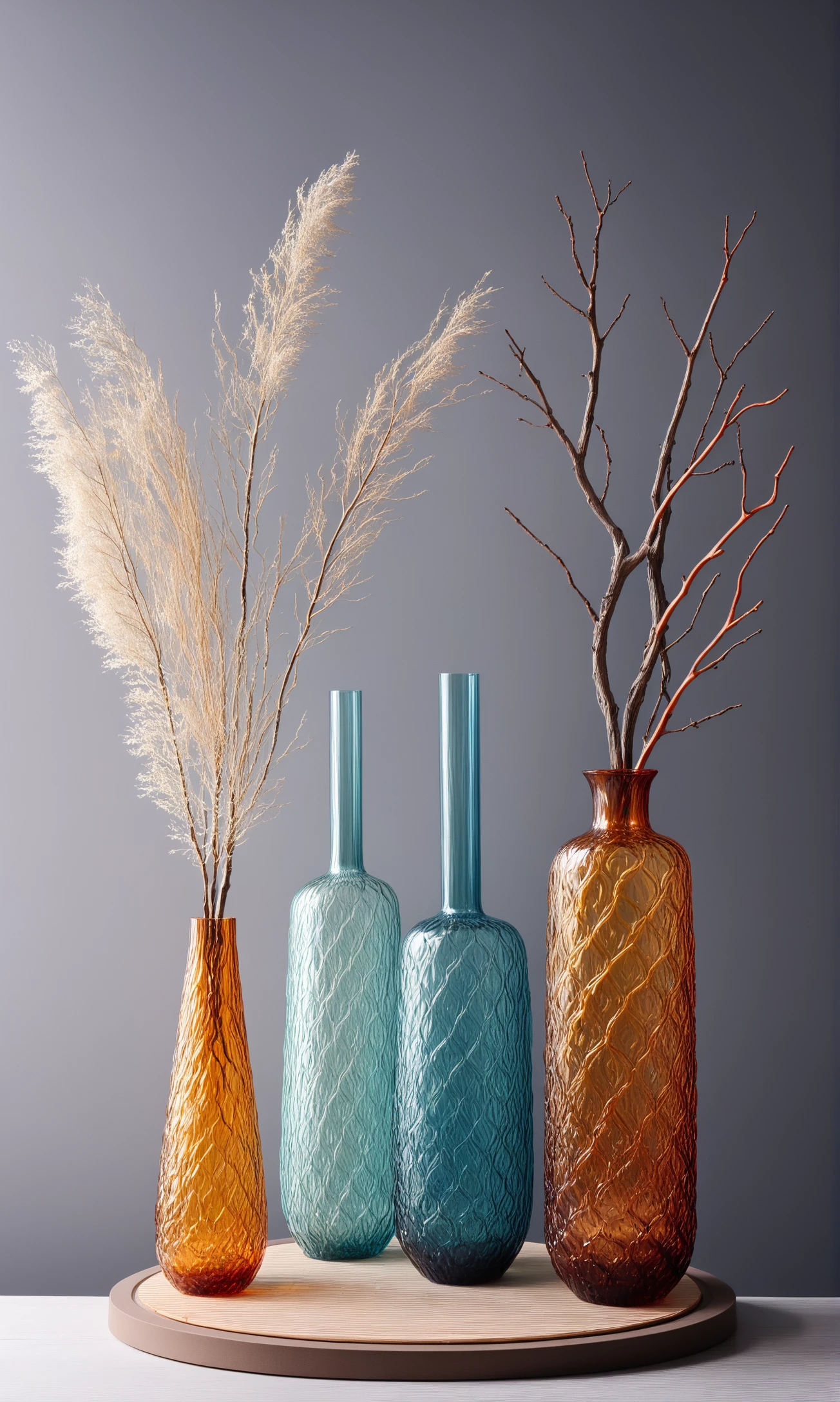 (different:1.5) tall vases and pots in glass style, dry branches, on the podium, ral-lava, High detailed RAW color Photo, 8k, ultra detailed  <lora:DetailMaximizer:1>