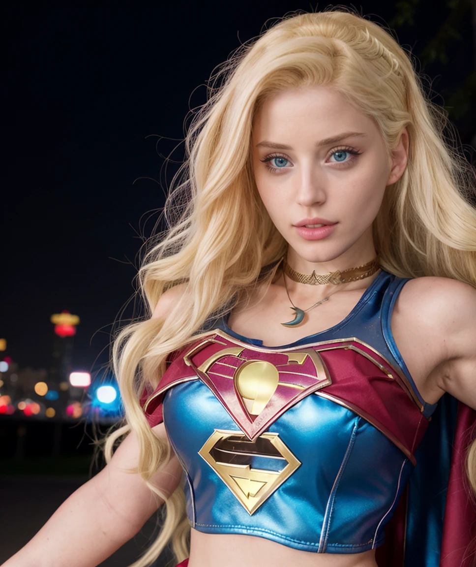 cinematic photo  <lora:quiron_CherryCrush_v010310_Lora:0.77> cherryCrushQuiron, 1girl, long hair, blue eyes, looking at viewer, lips, jewelry, realistic, blonde hair, parted lips, , ,  , cosplay Supergirl (Linda Danvers) - DC Comics, ,  . 35mm photograph, film, bokeh, professional, 4k, highly detailed