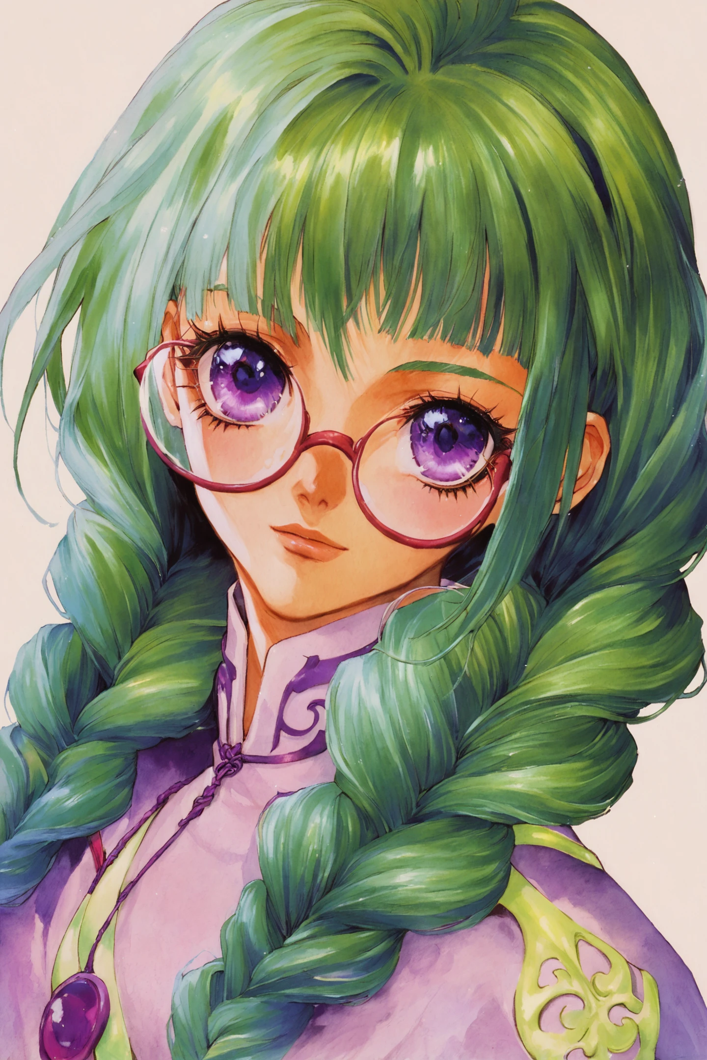 score_9,score_8_up,score_7_up,
Philia Philis(Tales of Destiny),1girl,solo,green hair,glasses,braid,round eyewear,twin braids,bangs,long hair,white background,portrait,simple background,purple eyes,watercolor (medium),
<lora:Inomata Mutsumi_XL_PONY:0.8>,