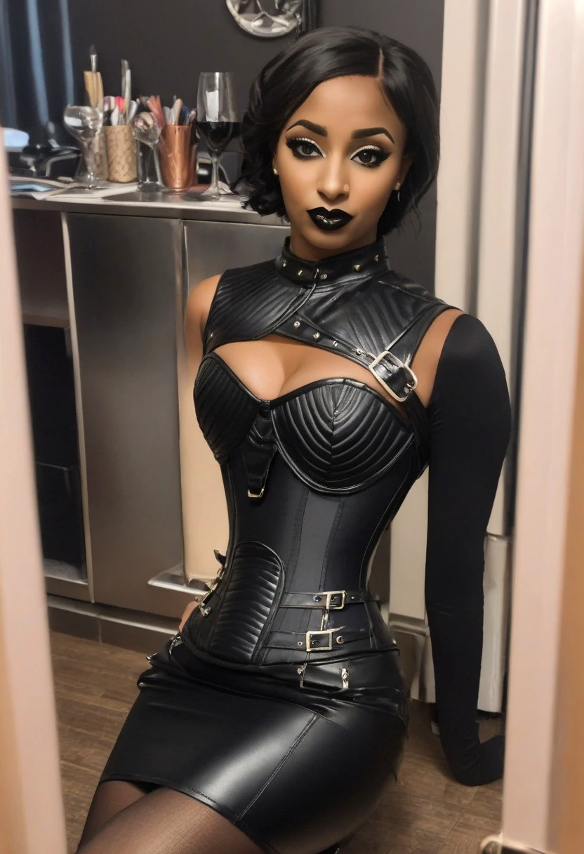 black corset, Charmian_Boned_Corset_with_Zipper, steel straps, zipper, 1girl, lips, sitting, selfie, black pantyhose, skirt, cat, contrapposto, dark-skinned female, ass, indoors, clothing cutout, facial mark, leather, solo