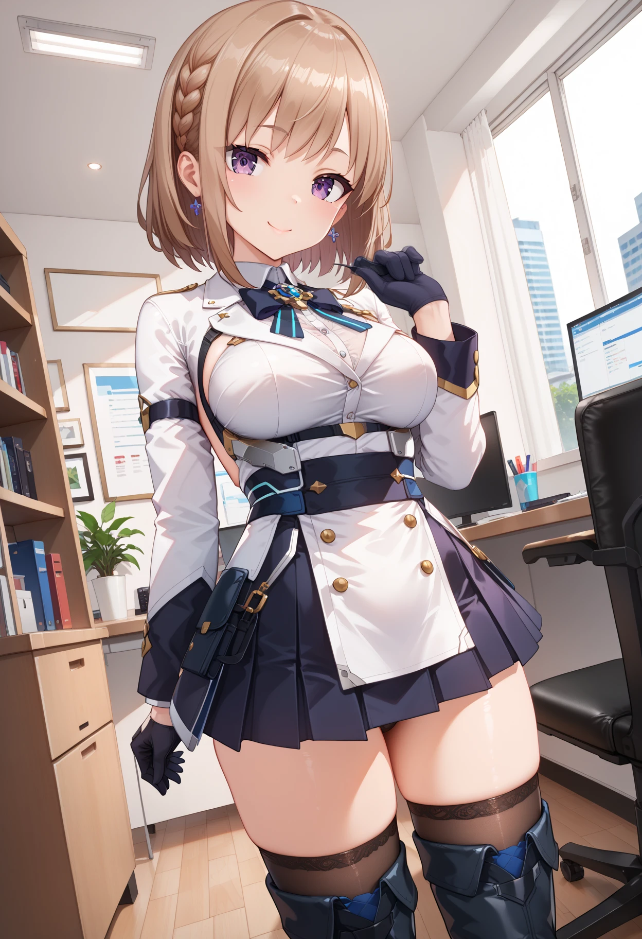 score_9,score_8_up,score_7_up,source_anime BREAK 1girl,solo,<lora:shiina_p_V5_3:1>,shiina,futumushi,brown hair,purple eyes,skirt,black thigh boots,<lora:Fixhands_anime_bdsqlsz_V1:1>,light_blush,smile,cinematic_angle,looking_at_viewer,front view,office,, masterpiece,best quality, very aesthetic, absurdres, ultra detailed, high resolution, 4k, extremely detailed CG,