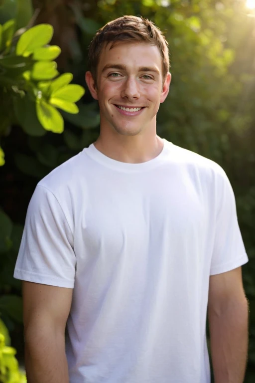 upper body, High resolution photo handsome guy, highly detailed, white t-shirt, (look at viewer) bokeh background, sunlight morning, sunburnt <lora:stevesandvoss:0.9> stevesandvoss, smirking,, (masterpiece,best quality:1.5)