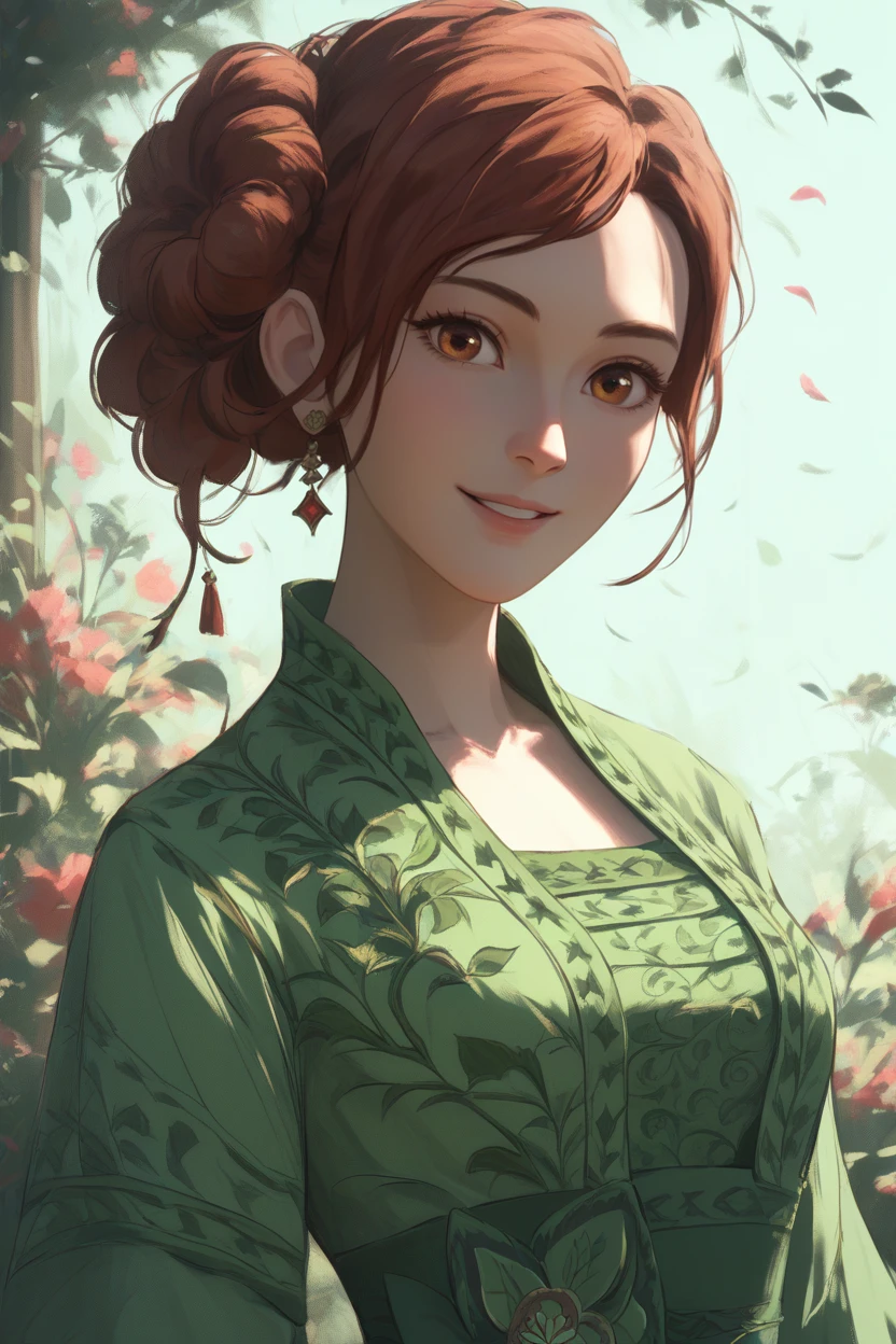 score_9, score_8_up, score_7_up, masterpiece, best quality, 1girl, solo,  <lora:LiSinPonyV1:1> lisin, side hair bun, green dress, smile, parted lips, looking at viewer,  chu, upper body