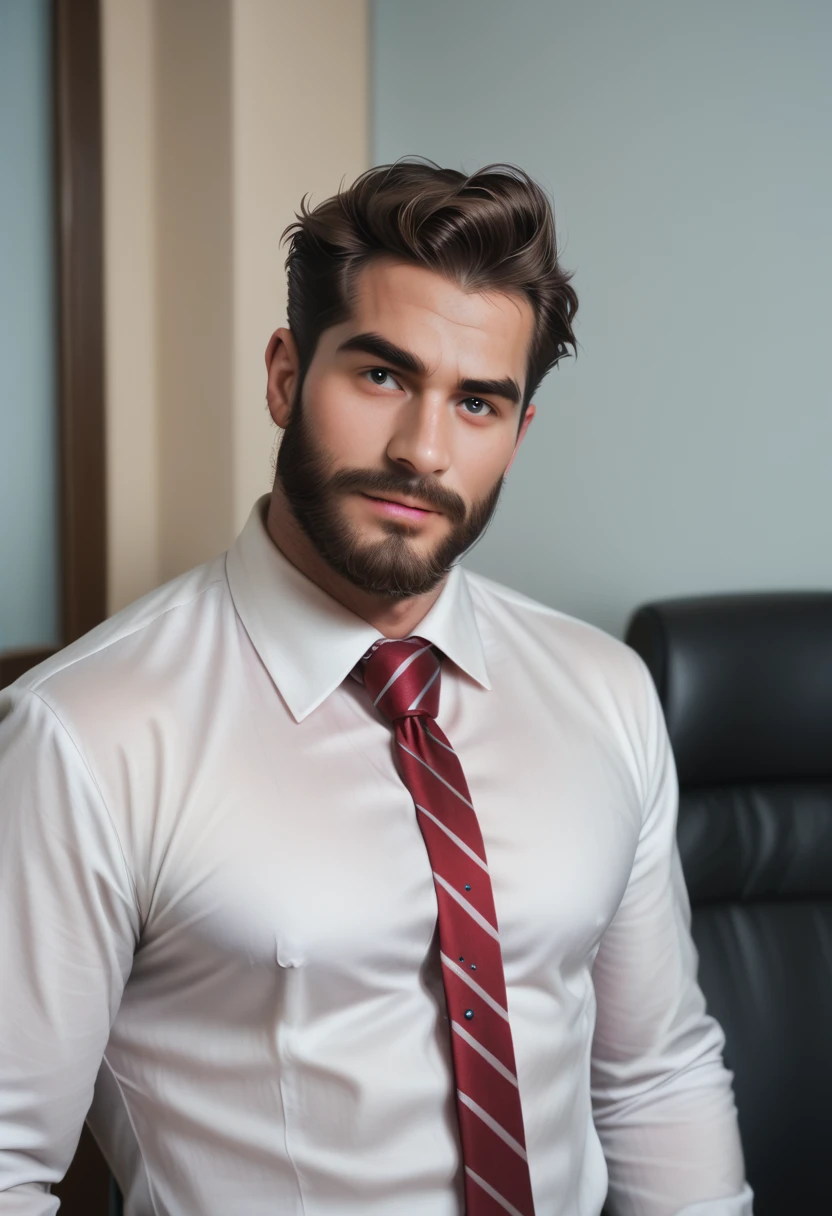 <lora:FoxAI_ADAM:1> 1boy, beard, facial hair, male focus, necktie, realistic, shirt, solo, at work, office, lawyer