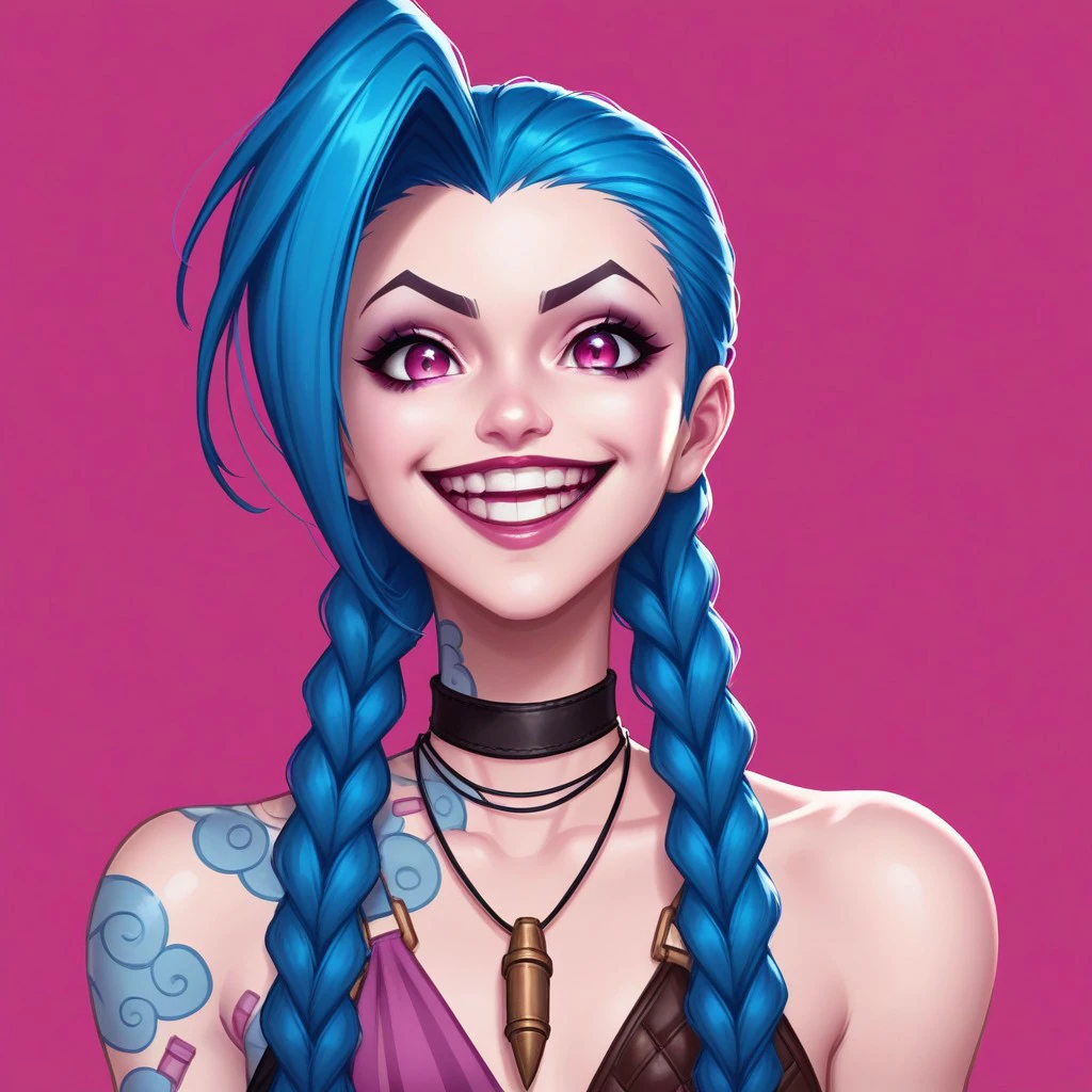 one white girl, jinx, jinx from arcane, solo, abs, slender body, (upper body, bust:1.2), purple eyes, long braid, blue hair, choker, grey skin, (japanese clothes, tiny breasts, small breasts, male chest, cleavage:1.5), bare shoulders, belts, shoulder-belts, masterpiece, highly detailed, look at viewer, expressing joy, shiny blured orange background, gradient sprayed background, smile, happy face, naughty grin, front view, gradient red purple background, blured background, glowing edges of image