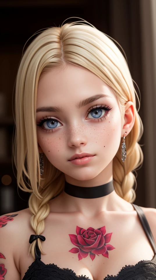 SFW,highest quality,woman,27 year old,backlighting,black choker,blurry background,blush,closed mouth,collarbone,earrings,forehead,freckles,hair over shoulder,jewelry,long hair,looking down,pointy nose,lips glossy,shadow,solo,thick eyebrows,thick eyelashes,upper body, expressive eyes, medium eyes, detailed eyes,blond hair,braids,tattoos,tattoos on arms,black rose tattoos on neck,sun beams,warm light,cozy,((masterpiece)),