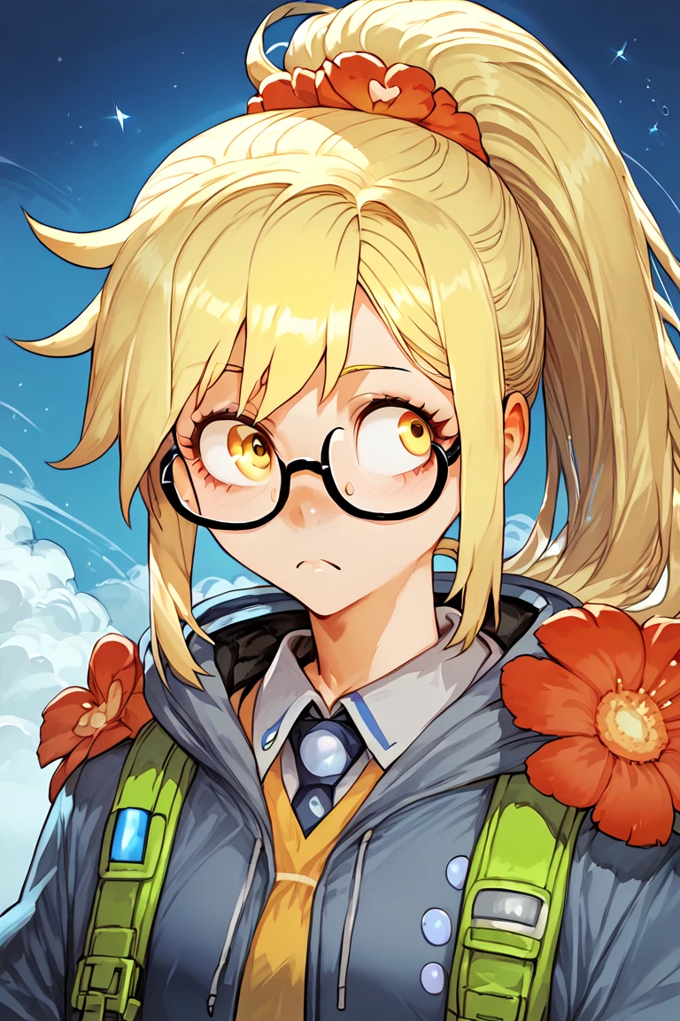 score_9, score_8_up, score_7_up,Girl, blonde, big glasses, circle glasses, glasses with spirals, long ponytail, ponytail like a long flower, explorer outfit, pink, green, yellow, orange and white colors on outfit, light skin,derpy looking, kaikoi
