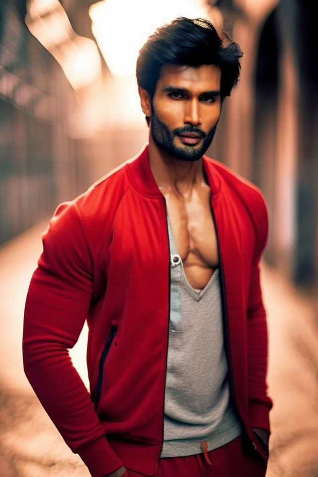 Sendhil Ramamurthy a man <lora:rohit-khandelwal_Sendhil-Ramamurthy:0.9>, realistic photo in a worn ((skin-revealing skimpy erotic red tracksuit, massive hairy pecs)), big pecs, big arms, bulge, VPL, ((light bokeh)), intricate, (steel metal [rust]), elegant, erotic, exuding sexual energy, homoerotic, sharp focus, photo by greg rutkowski, soft lighting, vibrant colors, (masterpiece), ((streets)), (detailed face), looking at viewer, light smile, night, walking towards viewer, cinematic lighting, beautiful lighting, cinematic lighting, (hazy filter, film grain:1.2)