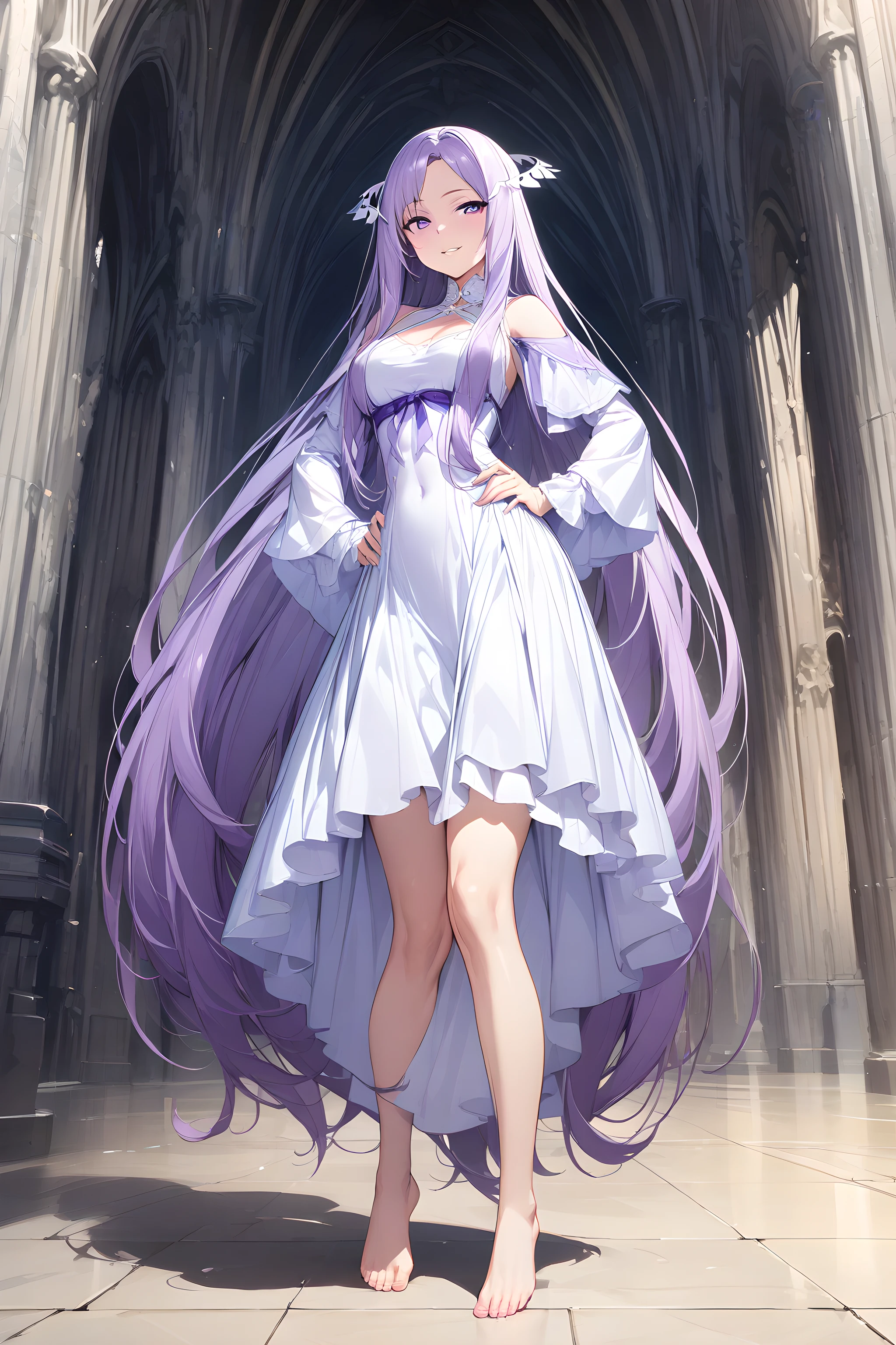 (masterpiece),(best quality),(ultra-detailed),(best illustration),(best shadow),(absurdres),(detailed background),(very aesthetic), quinella, 1girl, solo, long hair, dress, very long hair, barefoot, purple eyes, purple hair, white background, breasts, looking at viewer, full body, hand on hip, cathedral background, white dress, seductive smile, feet sleeves, <lora:XL-Quinella:1>