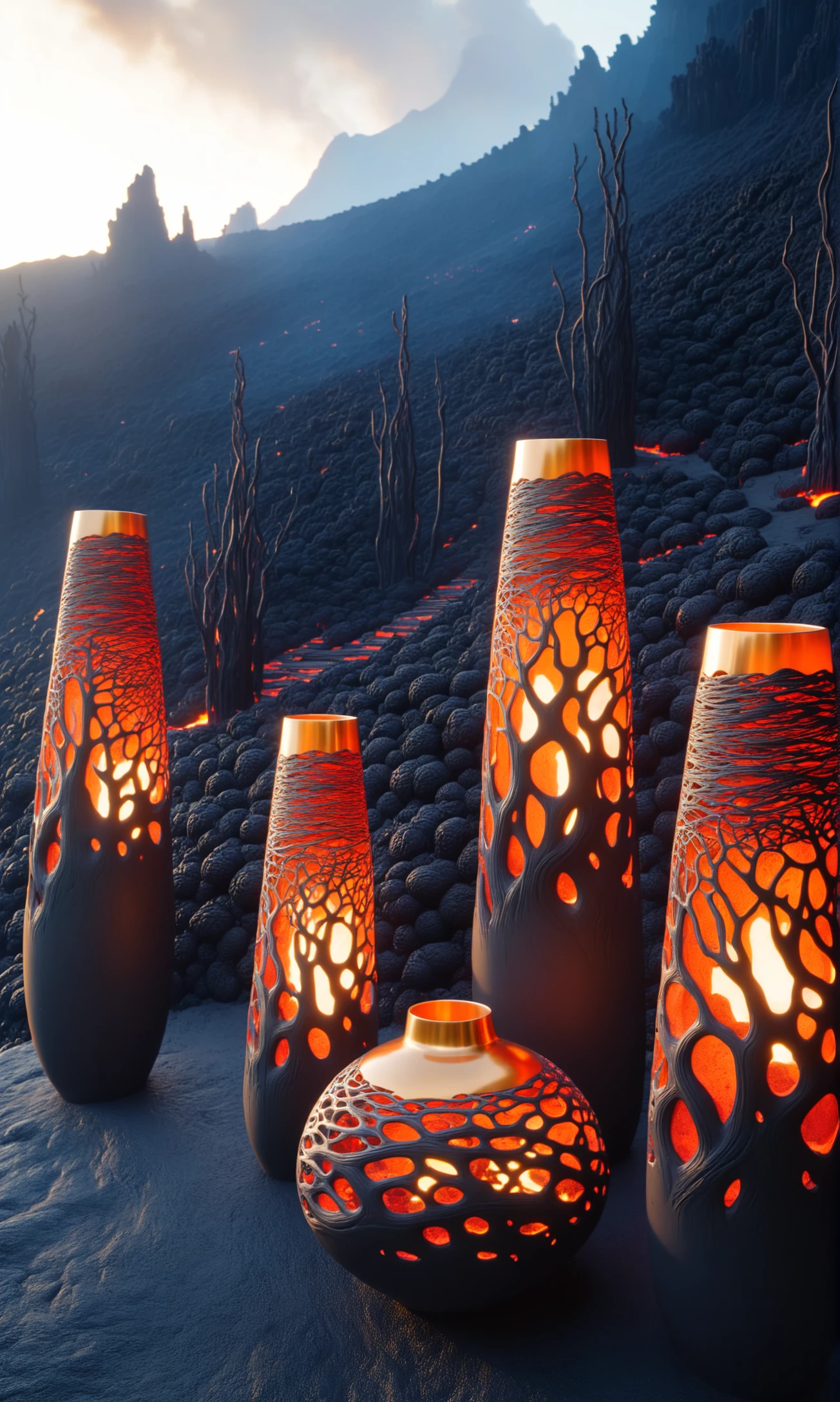 (different:1.5) tall vases and pots in lava style, dry branches, on the podium, ral-lava, High detailed RAW color Photo, 8k, ultra detailed <lora:DetailMaximizer:1>