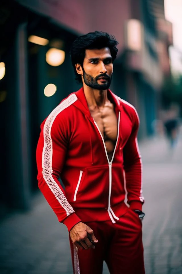 Sendhil Ramamurthy a man <lora:rohit-khandelwal_Sendhil-Ramamurthy:0.9>, realistic photo in a worn ((skin-revealing skimpy erotic red tracksuit, massive hairy pecs)), big pecs, big arms, bulge, VPL, ((light bokeh)), intricate, (steel metal [rust]), elegant, erotic, exuding sexual energy, homoerotic, sharp focus, photo by greg rutkowski, soft lighting, vibrant colors, (masterpiece), ((streets)), (detailed face), looking at viewer, light smile, night, walking towards viewer, cinematic lighting, beautiful lighting, cinematic lighting, (hazy filter, film grain:1.2)