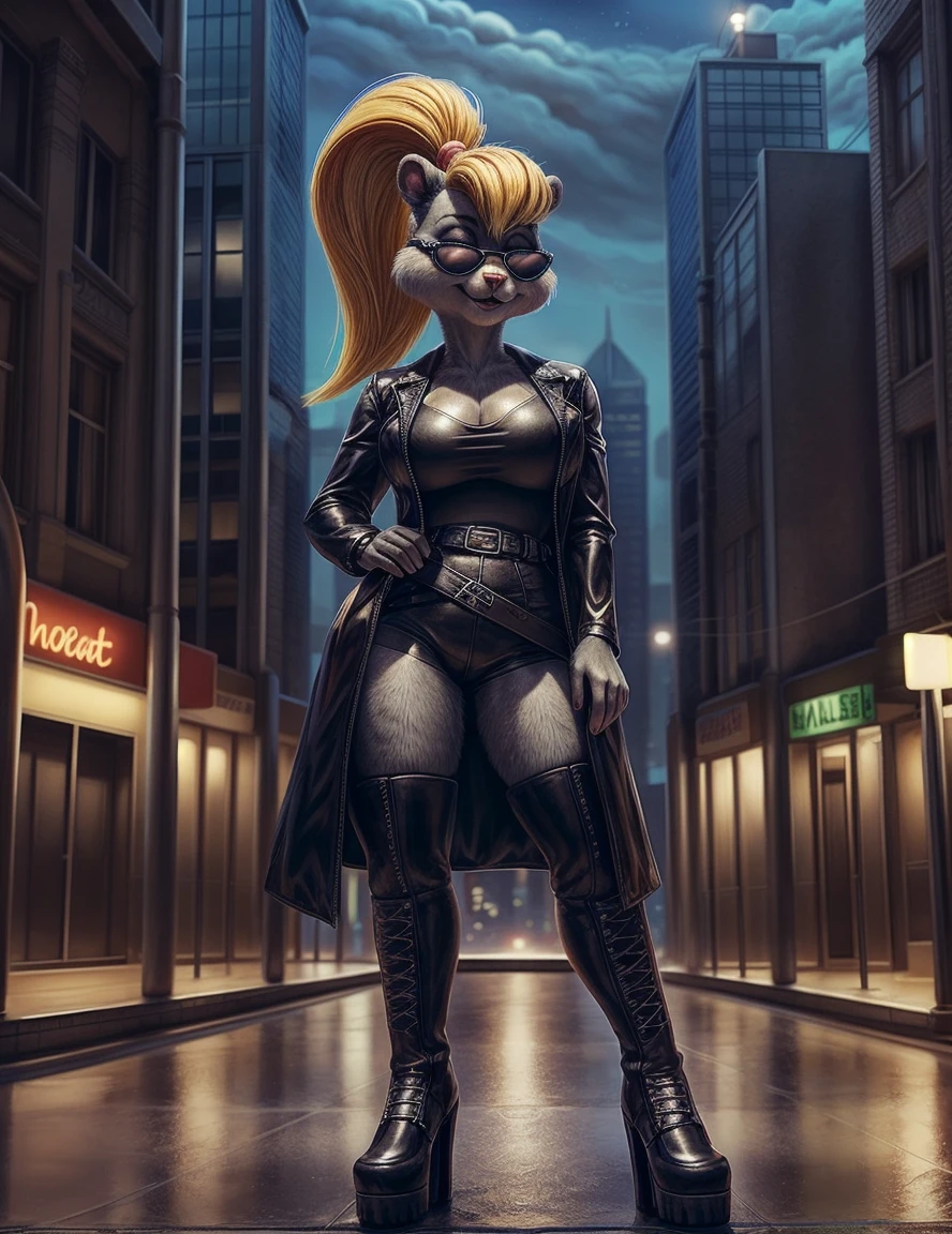 photorealistic, detailed background, city skyline, BREAK, berri, female, anthro, chipmunk, blonde hair, ponytail, grey fur, buckteeth, sunglasses, black leather, leather coat, leather boots, thigh boots, <lora:Berri_04-Polyfur-nd64-40-4880:1>