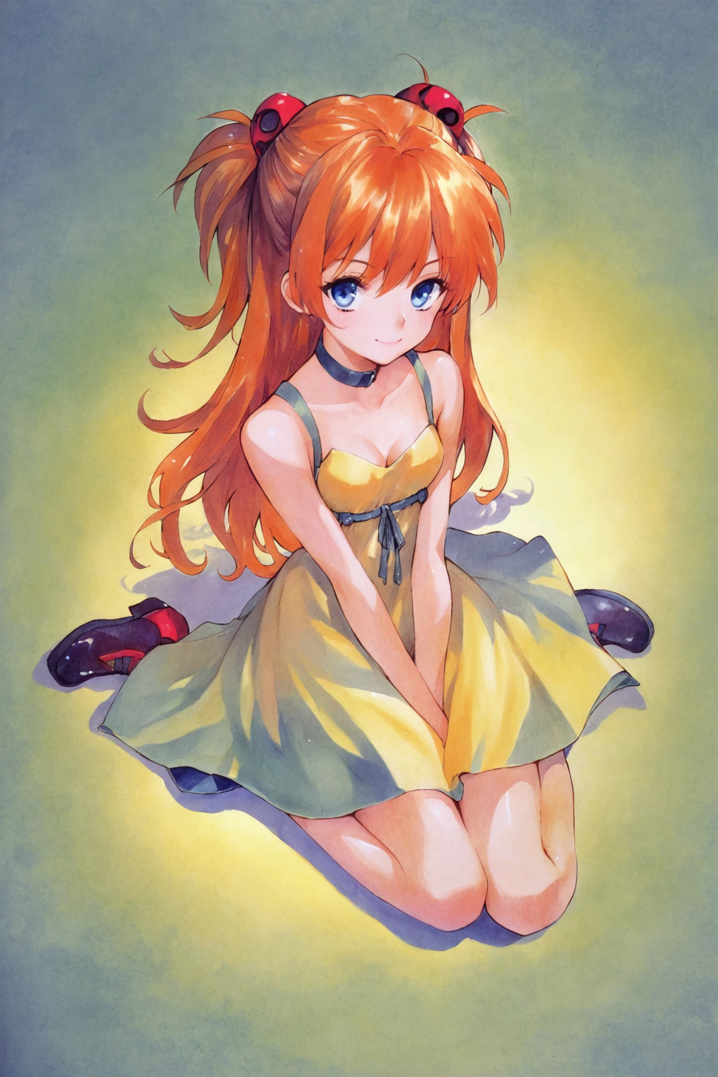 score_9,score_8_up,score_7_up,
1girl,souryuu asuka langley,yellow dress,dress,solo,shadow,long hair,blue eyes,breasts,gradient,orange hair,gradient background,smile,choker,sitting,shoes,bangs,full body,cleavage,small breasts,bare shoulders,from above,two side up,yellow background,v arms,light smile,sleeveless,hair ornament,closed mouth,sleeveless dress,traditional media,watercolor (medium),
<lora:Inomata Mutsumi_XL_PONY:0.8>,