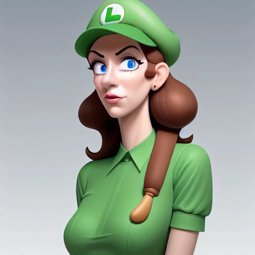 1woman, Luigette, no mustache, no facial hair, adult woman, long nose, extremely long face, extremely long and narrow head shape, very weak chin, extremely weak jawline, brown hair, lightly wavy hair, blue eyes, tall eyes, average bust, average hips, average waist, denim coveralls, green shirt, luigi hat, white gloves, shaking in fear, fearful expression, closed off posture, sneaking, creeping along, hunched over, no aura,