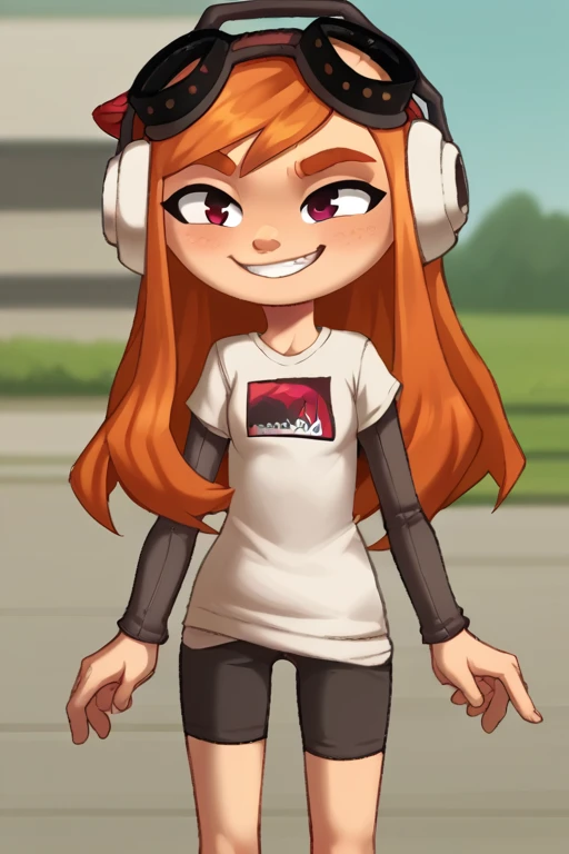 2D, score_9, score_8_up, score_7_up, BREAK, 1girl, Meggy, Orange Hair, Red Eyes, White Shirt, Grey Sleeves, Shorts, headphones, red beanie, goggles, smug<lora:EMS-441712-EMS:1.000000>