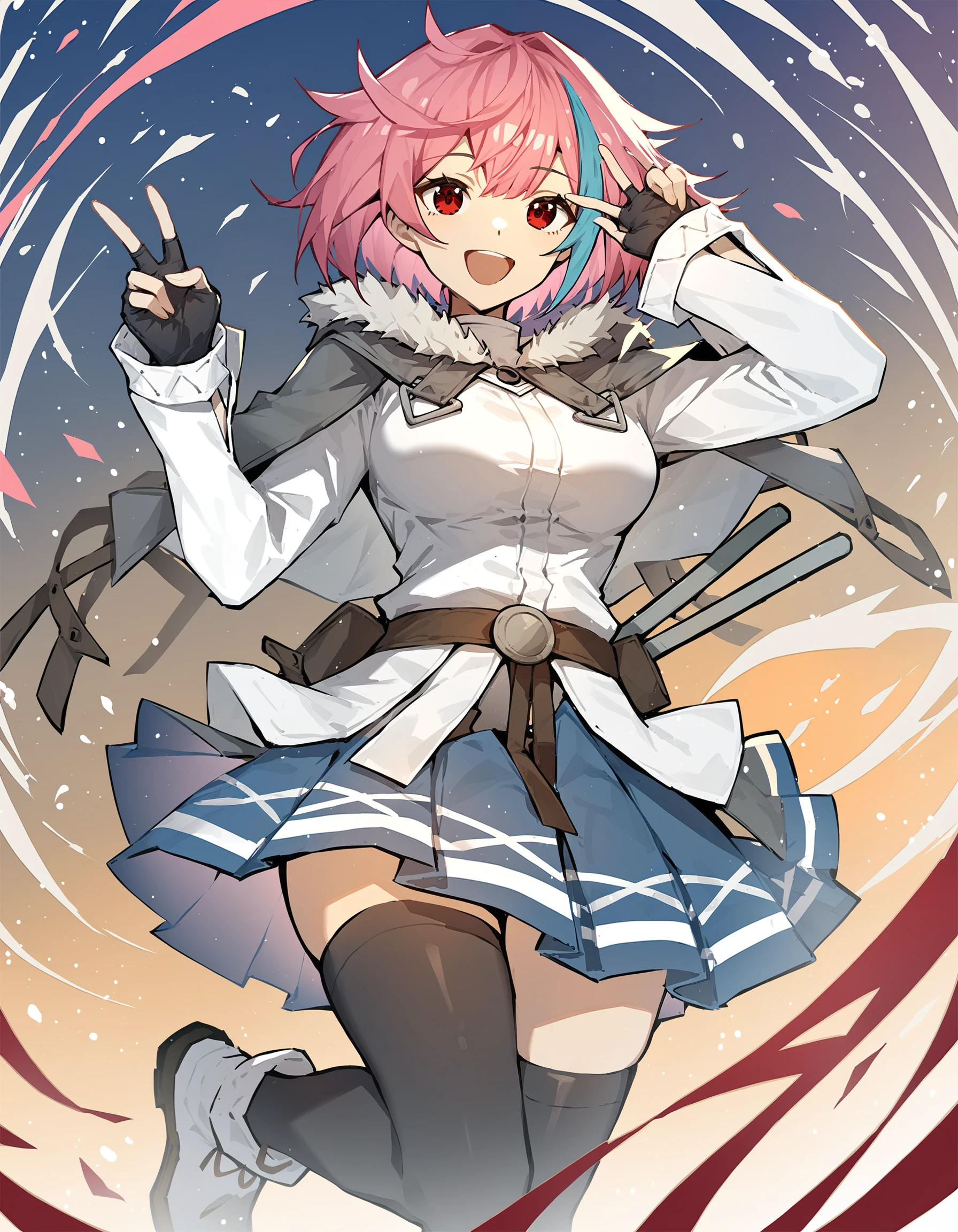 score_9,score_8_up,score_7_up,
<lora:xialuo_pony:0.8>,xialuo,1girl,solo,skirt,red eyes,blue skirt,thighhighs,white jacket,smile,pink hair,multicolored hair,jacket,pleated skirt,holding,open mouth,gloves,looking at viewer,blue hair,long sleeves,shirt,v,:d,breasts,black thighhighs,short hair,fingerless gloves,bangs,black gloves,medium breasts,belt,white shirt,streaked hair,