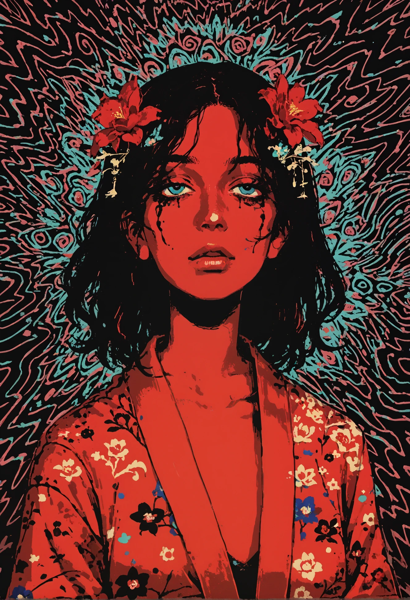 score_9, score_8_up, score_7_up, 1girl, upper body, red kimono, flower pattern, trippy background, psychodelic, <lora:dcr34sed-c0l0ring-20:0.8>, dcr34sed_c0l0ring, monochrome <lora:f3nn3rXLP:0.8> f3nn3r, colourful, pink, blue, black, red, trippy