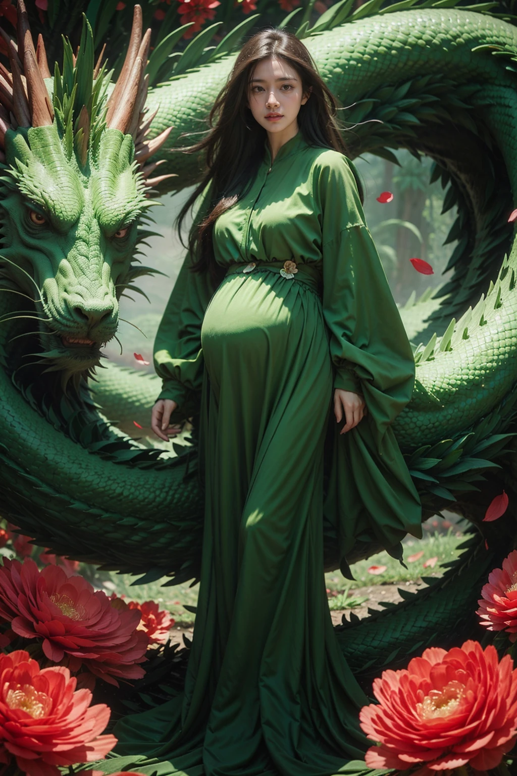 1girl, full body, green dragon dress, flower,pregnant,  <lora:JAY - GREEN DRAGON DRESS:0.7>