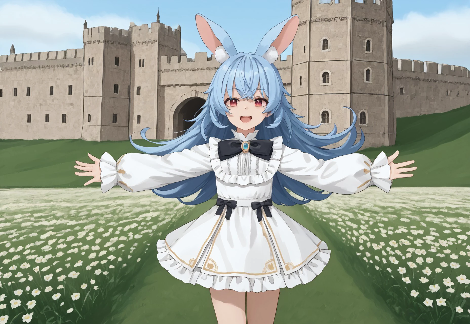 1girl, solo, Nanobites, animal ears, long hair, blue hair, rabbit ears, animal ear fluff, red eyes, bangs, very long hair, 

bow, dress, white dress, black bow, long sleeves, frills, sleeves past wrists, puffy sleeves,

Castle_Gate, scenery, 

legs apart, spread arms, arms up, outstretched arms, flower field, wind, looking at viewer, open mouth, smile