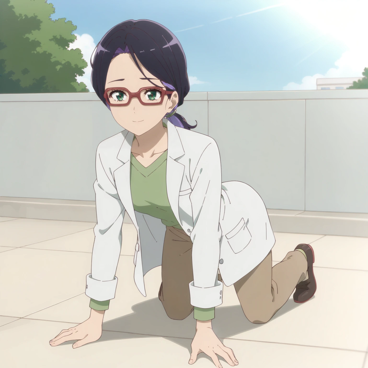 <lora:NCfY_JyoiXLpony001>,
smile,
solo,
Jyoi,1girl,multicolored hair,black hair,purple hair,low ponytail,green eyes,red-framed eyewear,
lab coat,green shirt,
brown pants,
outdoors,
full body,all fours,