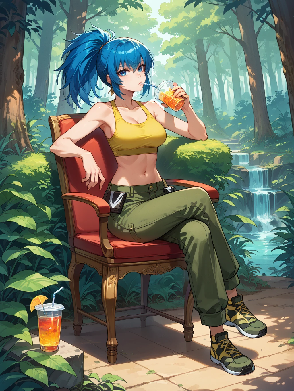 score_9, score_8_up, score_7_up,source_anime,BREAK,
full body, looking at viewer, forest, sitting, drinking straw, cup, crossed legs, sitting, chair,
Leona_heidern, yellow crop top, navel, pants, expressionless, looking at viewer, drinking, drinking straw,
<lora:Leona_heidern:1>