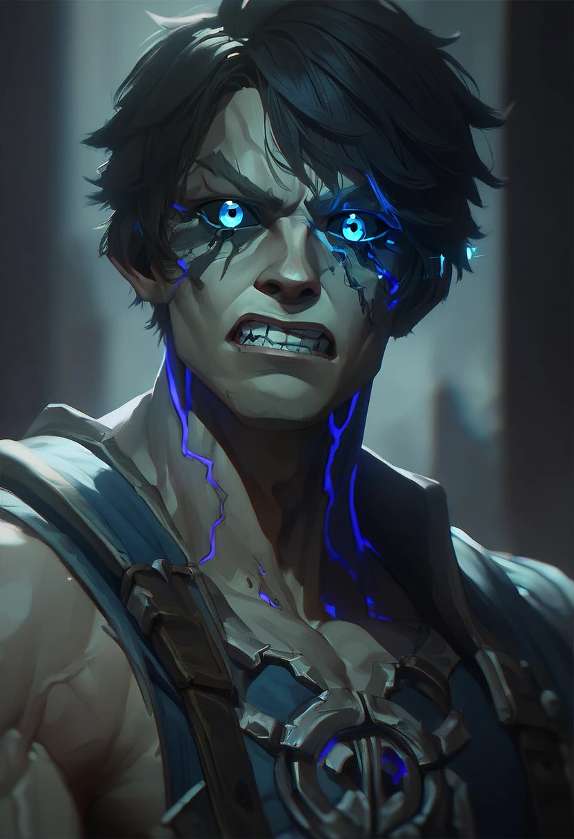 score_9, score_8_up, score_7_up, score_6_up, arkn, detailed drawing, 1boy, male focus, short hair, teeth, solo, bangs, black sclera, veins, colored sclera, glowing, blue eyes, clenched teeth, upper body, glowing eyes, mutant, muscular