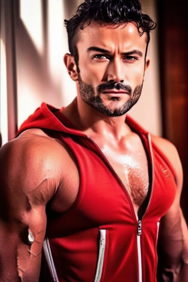 jason lewis a man <lora:sahil-salathia_Jason-Lewis:1>, realistic photo in a worn ((skin-revealing skimpy erotic red tracksuit, massive hairy pecs)), big pecs, big arms, bulge, VPL, ((light bokeh)), intricate, (steel metal [rust]), elegant, erotic, exuding sexual energy, homoerotic, sharp focus, photo by greg rutkowski, soft lighting, vibrant colors, (masterpiece), ((streets)), (detailed face), looking at viewer, light smile, night, walking towards viewer, cinematic lighting, beautiful lighting, cinematic lighting, (hazy filter, film grain:1.2)