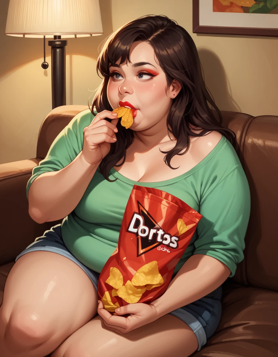 score_9, score_8_up, score_7_up, score_6_up, score_5_up, score_4_up, 1girl, solo, makeup, lipstick, couch, lamp, fat, hud_d0ritos, food, eating, Doritos, holding bag of chips <lora:d0ritos-000008:0.8>