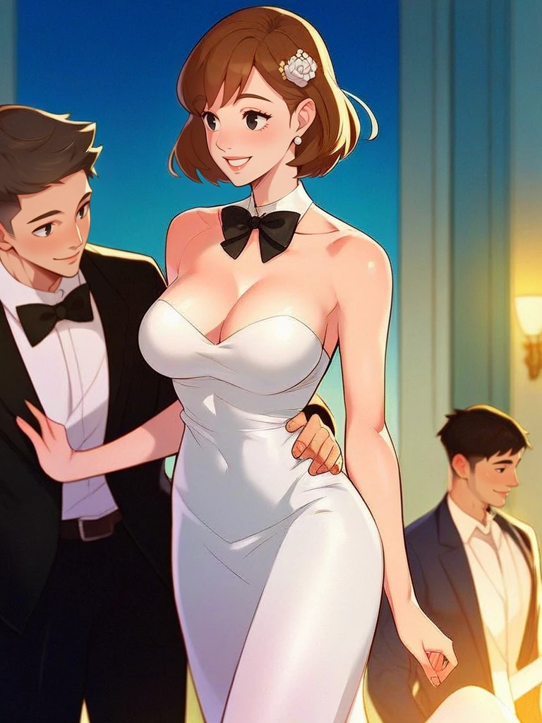 score_9,score_8,score_7,score_8_up,score_7_up,score_6_up, 3people, husband and wife, 1girl, breasts, smile, short hair, black eyes, large breasts, brown hair, black hair, hair ornament, 1boy, dress, bow, cleavage, bare shoulders, hetero, bowtie, white dress, strapless, black bow, formal, suit, hotel