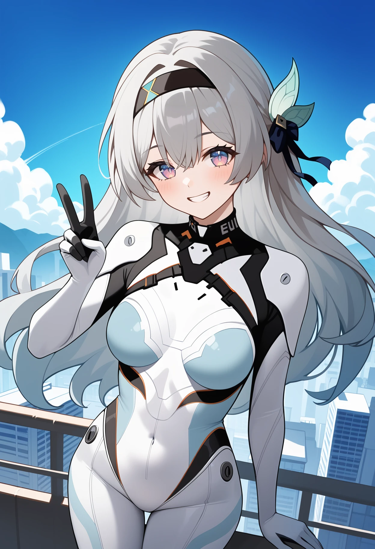 score_9, score_8_up, score_7_up, score_6_up, score_5_up, score_4_up, source_anime, aahotaru, long hair, grey hair, black hairband, hair ornament, hair ribbon, multicolored eyes, breasts, white bodysuit, plugsuit, <lora:hotaru_(firefly)_ponyxl_v1:0.9>, peace sign, double, peace sign, rooftop, blue sky, grin