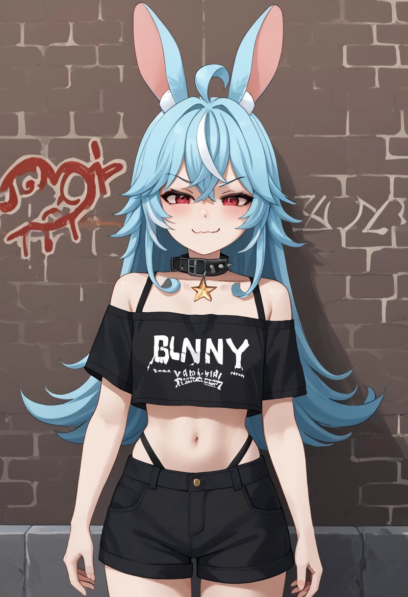 Nanners, rabbit ears, bandaid, ahoge, blue hair, long hair, red eyes, streaked hair, white hair,  
black shirt, black shorts, collar, crop top, navel, short shorts, off-shoulder shirt, midriff, underwear, short sleeves, 
alley, air conditioner, industrial pipe, graffiti, smug, looking at viewer