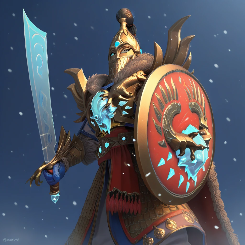 score_9, score_8_up, score_7_up, low angle shot, looming,
GoldenKnight, solo, armor, helmet, snowing, blue lighting, cold lighting,
holding sword, holding shield, sword and shield, heroic, epic, dynamic, posing,
 <lora:GoldenKnight_PonyXL:1>