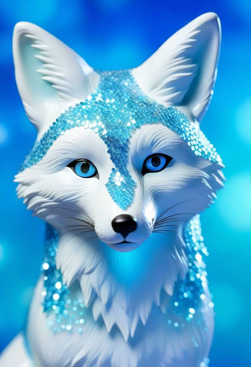 glitter, iridescent, ((fox fully made of glass/crystal/blue diamonds)), sober background, transparent, see through, translucent, transparent, homogeneous texture, good posture, reflections blue and white, sparkles