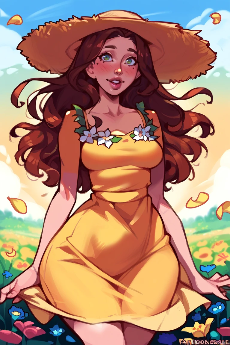 <lora:Mix16:1>, score_9, score_8_up, score_7_up, score_6_up, score_5_up, rating_quesionable, source cartoon
1girl, pretty face, pretty eyes, detailed eyes, HD eyes, lips, plump lips, blush, eyebrows, mole, smile, open mouth
standing, cowboy shot, looking at viewer
thick thighs, wide hips, gigantic hips, medium breasts, round hips, curvy
brown hair, green eyes, long hair
sundress, sun hat, floating clothes
flower, flower fields, petals, sunset, backlighting
