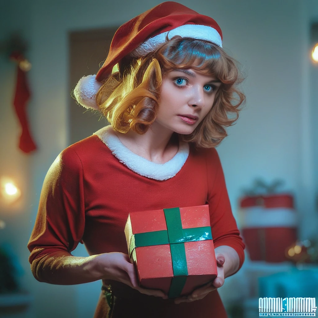 score_9, score_8_up, score_7_up, score_6_up, Nikki-Amour, 1girl, solo, looking at viewer, short hair, bangs, blue eyes, brown hair, blonde, santa costume, red hat, red dress, french beret, upper body, portrait, blurry background, gifts, presents, realistic, general