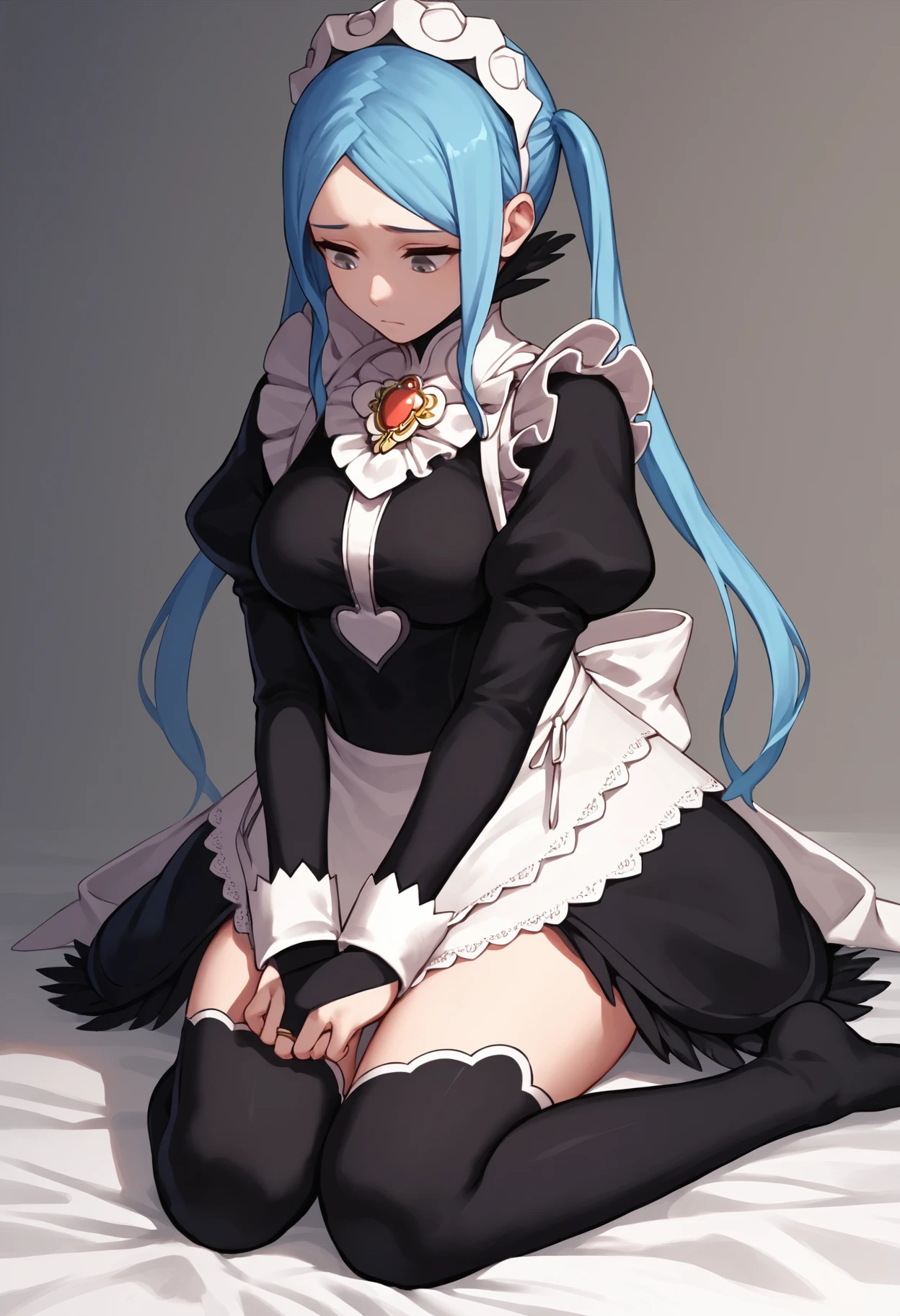 score_9, score_8_up, score_7_up, source_anime BREAK 1girl, solo, <lora:flora-fe-richy-v1_pdxl:0.8>flradf, grey eyes, blue hair, long hair, twintails, maid headdress, black feathered collar, red brooch, breasts, juliet sleeves, maid apron, bridal gauntlets, black thighhighs, thighs, sitting, looking down, bowing, curtsey