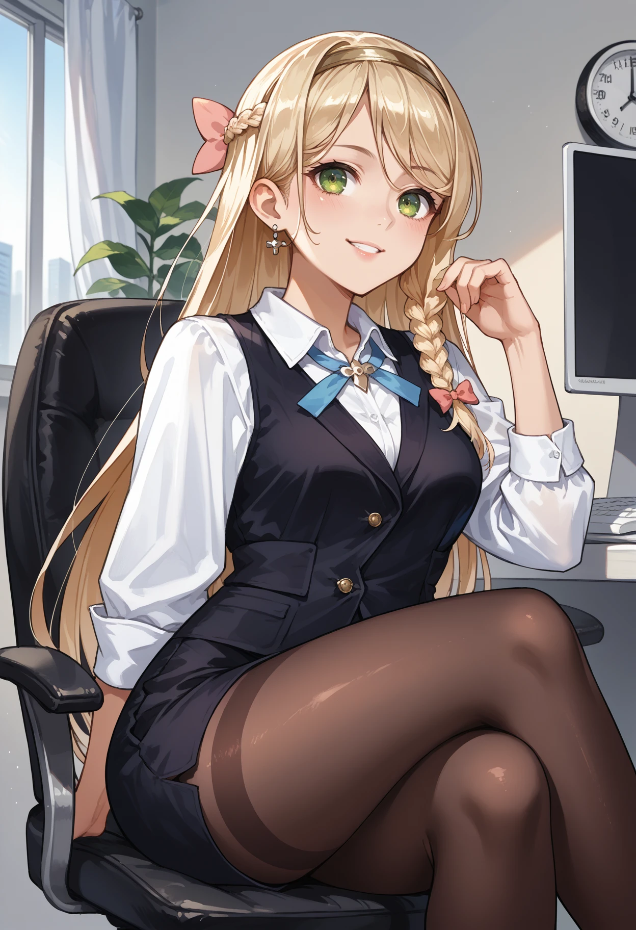 score_9, score_8_up, source_anime, 1girl, solo, KlaudiaValentz, long hair, side braid, hairband, white hair bow, indoors, office lady, office chair, sitting, crossed legs, miniskirt, black pantyhose, dress shirt, smile, <lora:ChamKlaudiaValentzPonyXL:1>