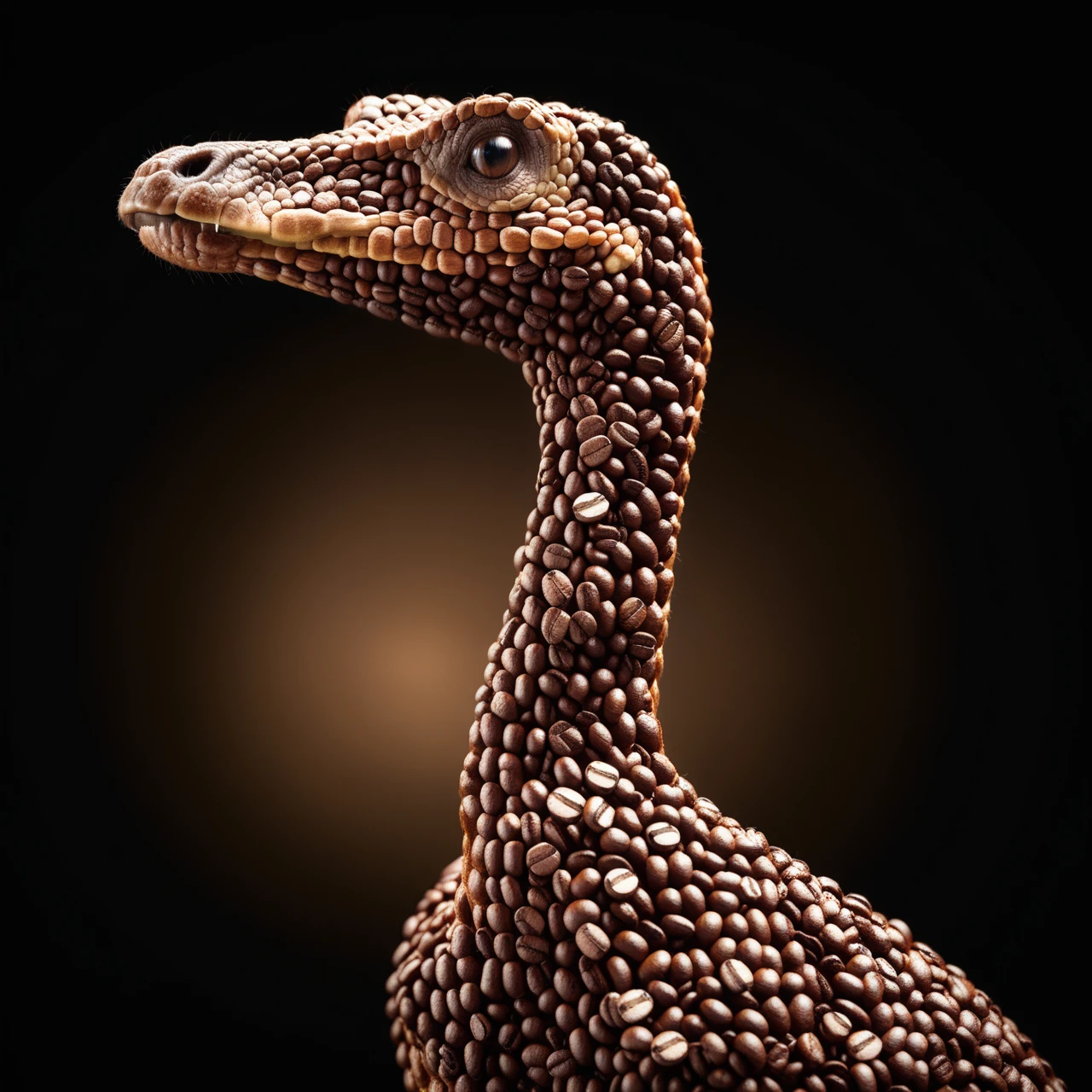 a Jed-cofbns, simple background, low light photo of "Elder Longneck", Ambient, moody, dramatic, shadowy, simple background, <lora:CoffeeBeansStyle:1>, winning, intricate artistic color, striking, complex artistic color composition, contemporary fine detail, confident, dynamic, located artistic, ambient background, handsome, great light, highly decorated