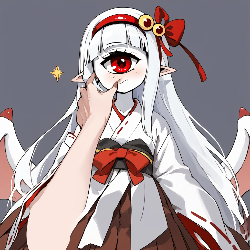 <lora:b02gkb:1> 02beco, white hair, long hair, japanese clothes, miko, one-eyed, cyclops, monster girl, wide sleeves, red eyes, blunt bangs, pointy ears, ribbon-trimmed sleeves, skirt, bow, ribbon trim, hairband, colored skin, white skin, wings, tail, hair ornament, red long pleated skirt 
 <lora:sppovCheekGrabbingmemeXLPony:0.8> povcheekgrabbing, solo focus, hand on another's face,