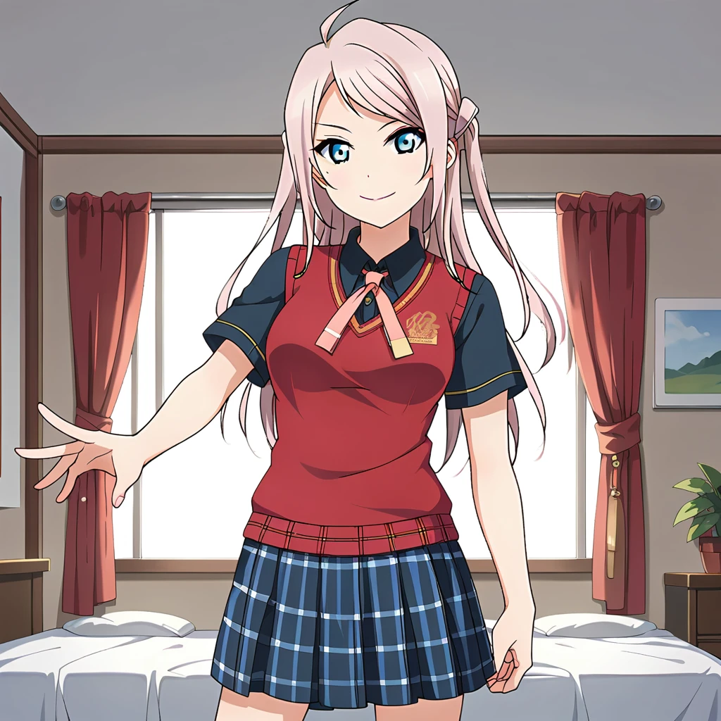 score_9,score_8_up,score_7_up, hd,source_anime,home,in bed,

1girl, arm at side, solo, zhonglanshu2, two side up, looking at viewer, smile, zhongsum collared shirt, zhongsum neck ribbon, sumsh2 plaid skirt, zhongsum sweater vest, cowboy shot, white background, outstretched arm, 