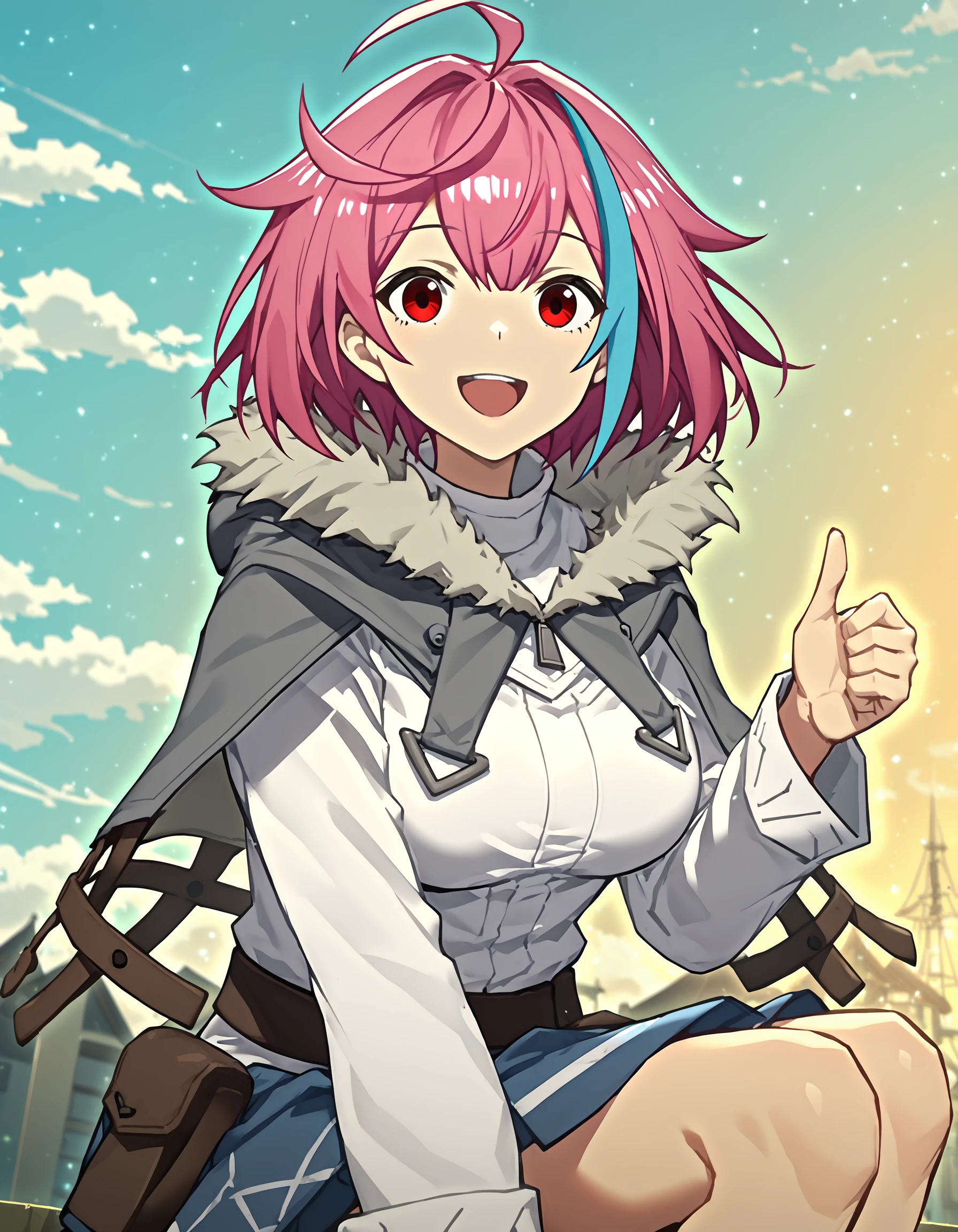 score_9,score_8_up,score_7_up,thumbs_up,sitting,sky,bird,smile,open mouth,looking at viewer,
<lora:xialuo_pony:0.8>,xialuo,1girl,solo,red eyes,pink hair,breasts,multicolored hair,blue hair,ahoge,short hair,capelet,fur trim,streaked hair,bangs,<lora:Anime_Screencap:1>,anime screencap,