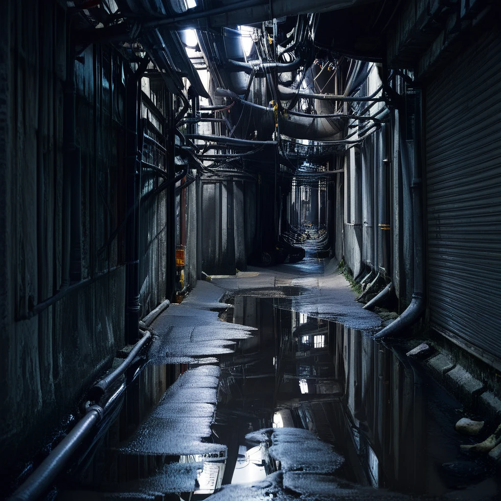 perspective,no humans,scenery,
alley,industrial pipe,puddle,reflection,dark background
<lora:Kowloon_City:1>