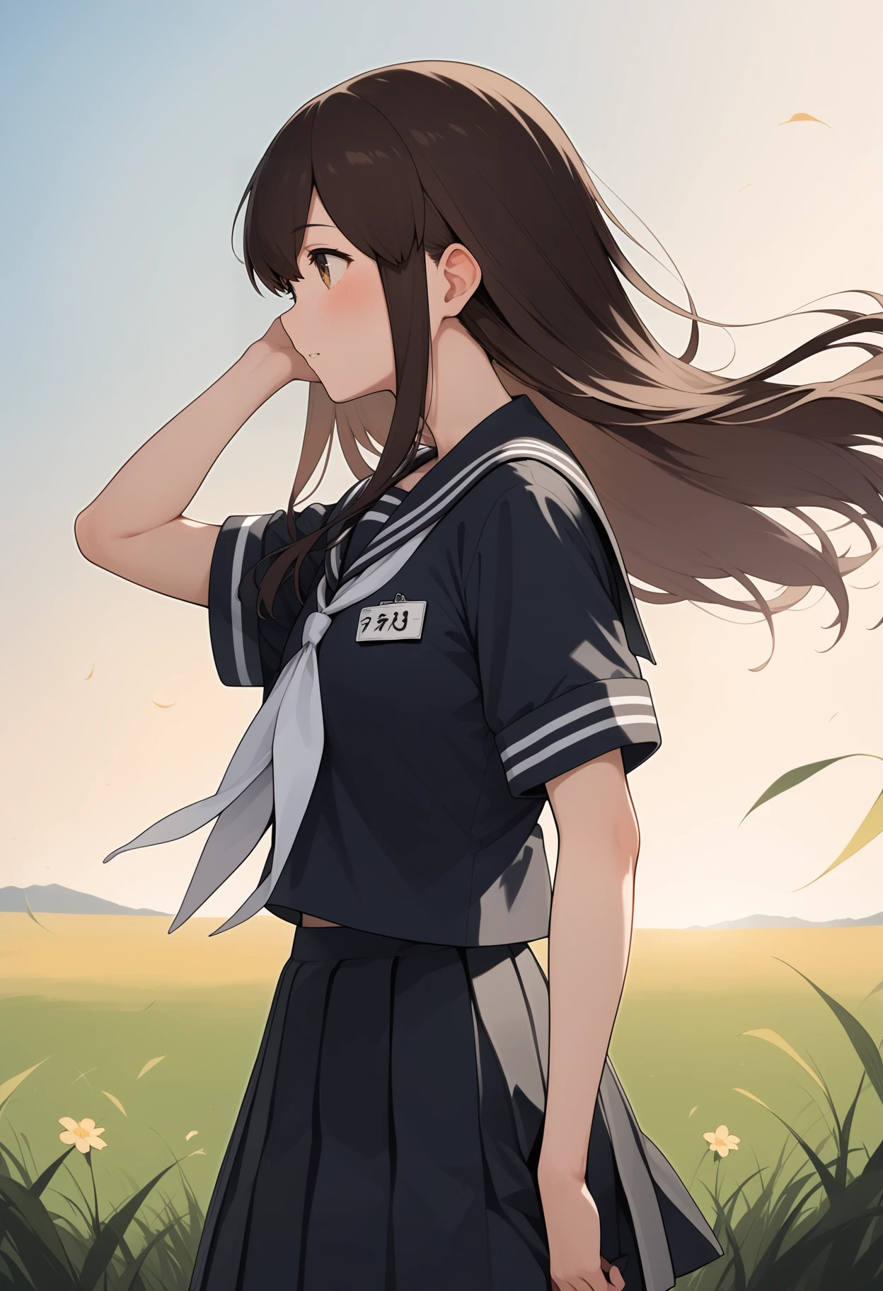 score_9, score_8_up, score_7_up, score_6_up, score_5_up, score_4_up, source_anime, aaakagi, long hair, brown hair, brown eyes, black serafuku, black sailor collar, white neckerchief, black shirt, name tag, short sleeves, pleated skirt, black skirt, <lora:akagi_(kancolle)_ponyxl_v1:0.9>, hand in own hair, from side, wind, field, looking at another, standing, cowboy shot, solo