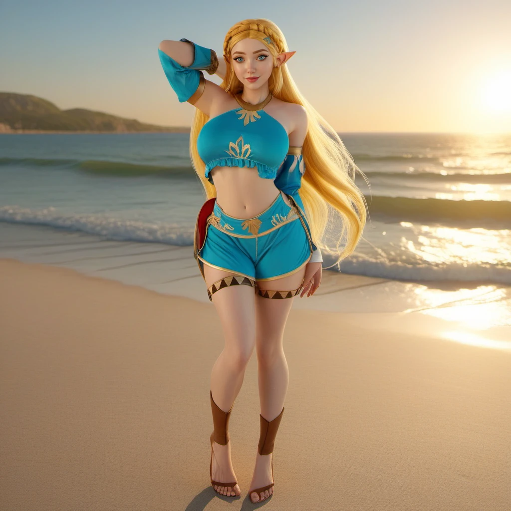 professional 3d model full body portrait 1girl,  pointy ears, blue eyes, long blond hair, detached sleeves, navel,  beach, sunset  <lora:Zelda1024:0.8> . octane render, highly detailed, volumetric, dramatic lighting