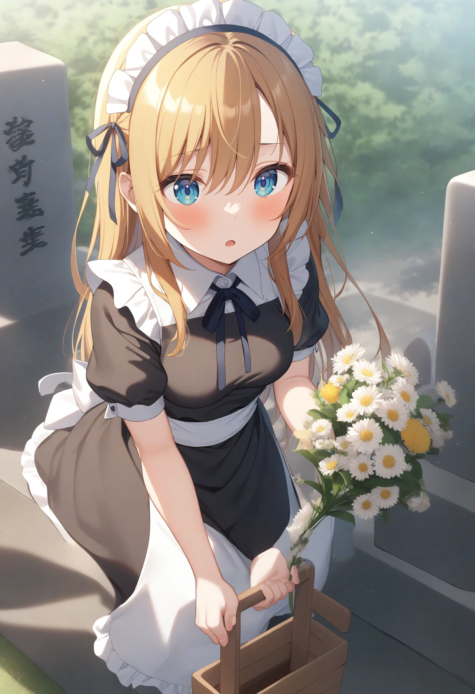 1girl,sincos, ningen mame, toosaka asagi,solo,medium breasts,20yo,maid,maid headdress,
grave, expressionless, graveyard, sotoba, short sleeves, bucket, day, holding flower,   <lora:tombstone_XL_v1:0.8>
from above, wide shot, looking down, blonde hair, gray eyes,open mouth, bow-shaped hair,
best quality, very aesthetic, absurdres