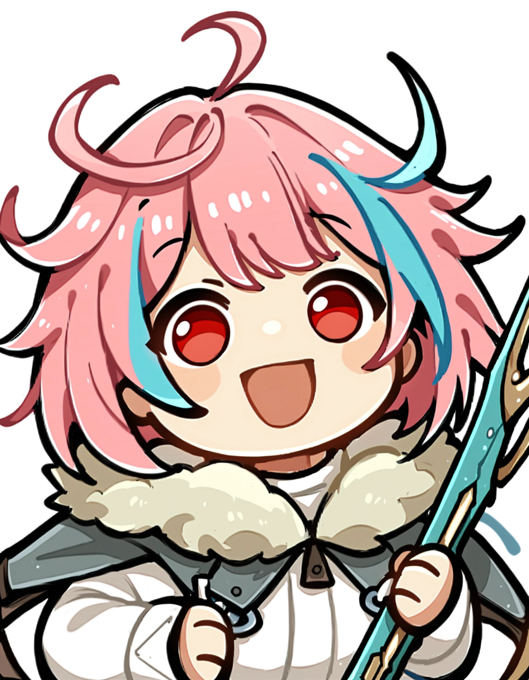 score_9,score_8_up,score_7_up,
<lora:xialuo_pony:0.8>,xialuo, 1girl, solo, chibi, red eyes, pink hair, multicolored hair, open mouth, ahoge, holding, blue hair, smile, long sleeves, fur trim, weapon, jacket, short hair, bangs, white background