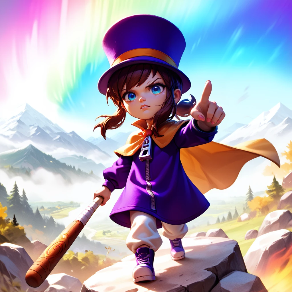 <lora:hatkid:1>,1girl,solo,hat-kid,brown hair,sidelocks,ponytail,blue eyes,purple top hat,purple dress,yellow cape,zipper pull tab,white pants,
looking at viewer,glaring,angry,holding baseball bat, pointing at viewer,outdoors,mountain,mountainous horizon,standing on rock, aurora, dark aura,, score_9, score_8_up, score_7_up, perfect anatomy, source_anime, zPDXL2,