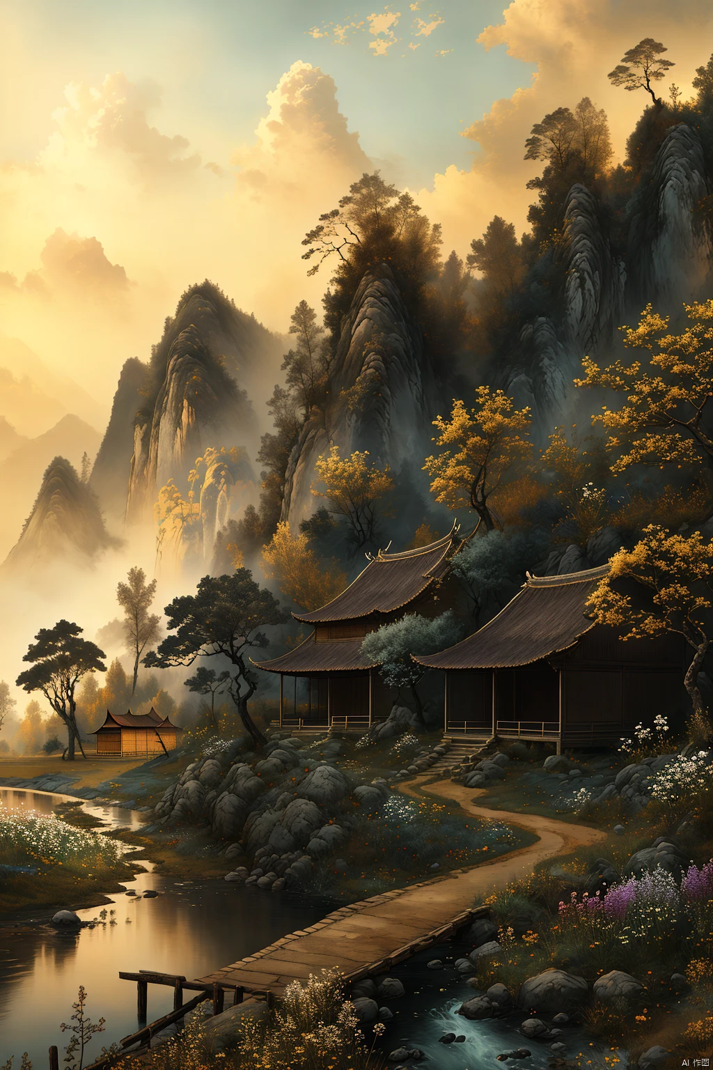 A picturesque scene of a rustic Chinese countryside with a small wooden bridge over a gently flowing stream, leading to a quaint thatched-roof house. The ancient path meanders through the landscape, bordered by sparse trees and wildflowers. A thin, weary horse walks along the path, adding a touch of nostalgia and tranquility. The composition is framed with a medium shot, capturing the interplay of light and shadow under the soft, golden sunlight. The overall atmosphere is serene and reflective, evoking a sense of timeless beauty and simplicity in this rural setting.